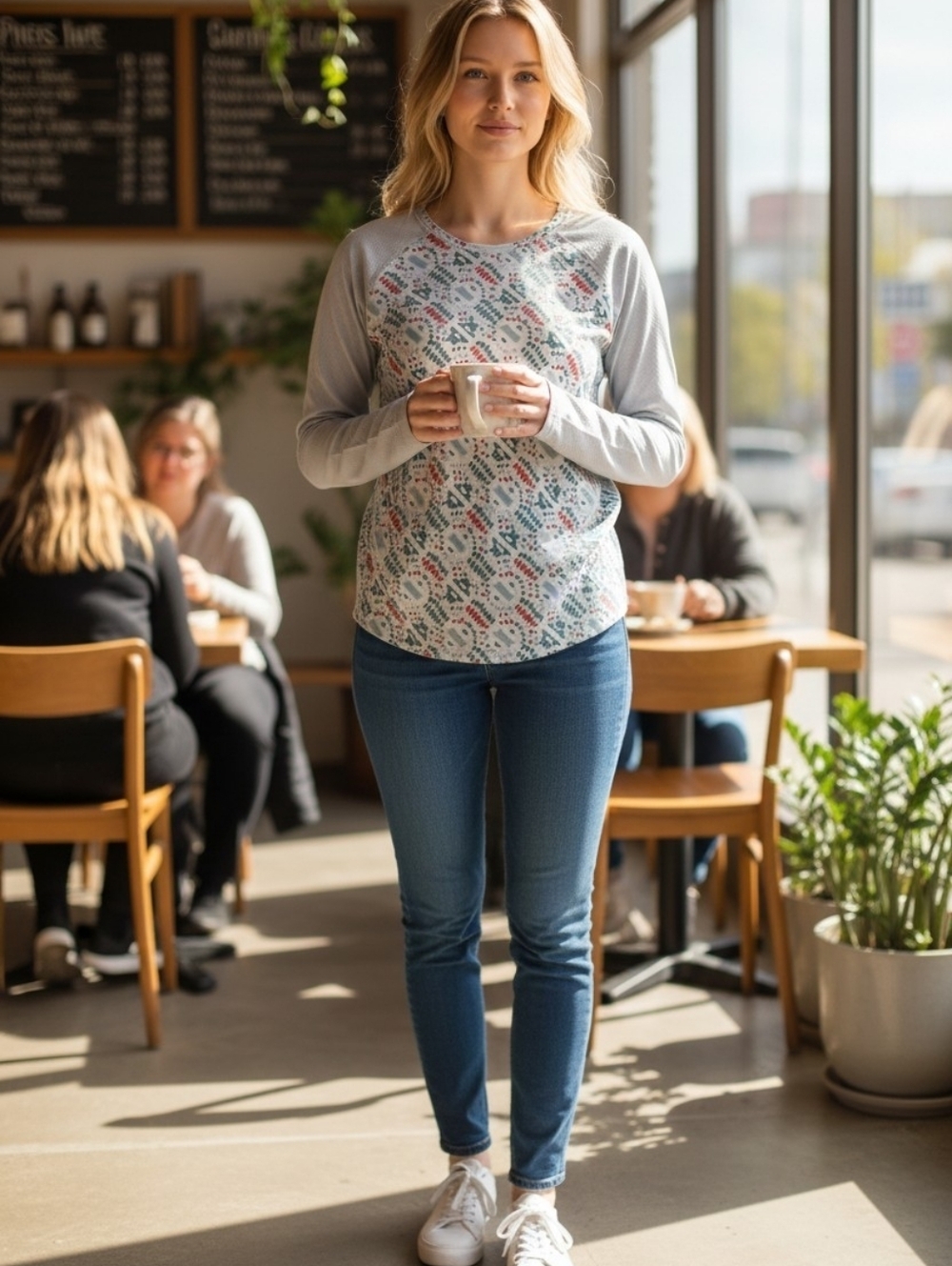 Patagonia Light Blue Long-Sleeve Midweight Layer with Teal and Coral Geometric